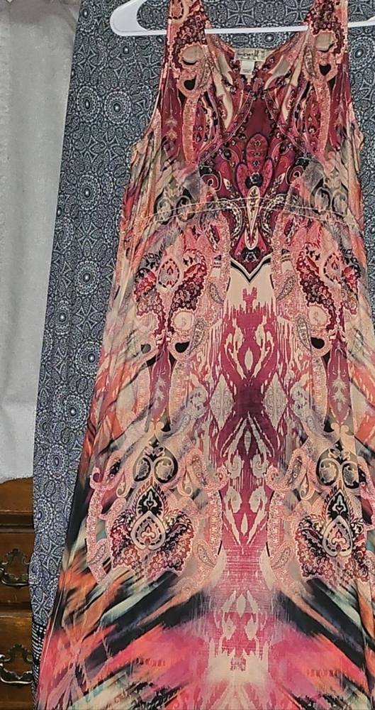 EUC ONE WORLD Vibrant Pink and Black Maxi Dress W/Rhinestones